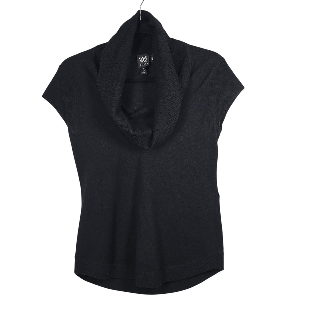 W by Worth Black 100% Wool Cowl Neck Short Sleeve Sweater Top Woman Petite P